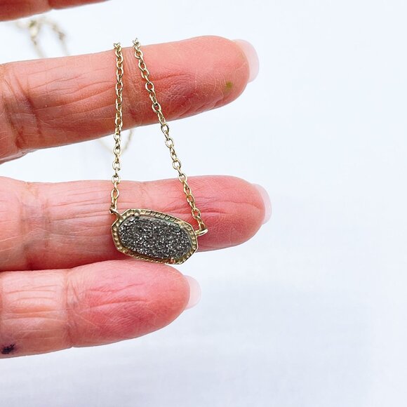 Kendra Scott Elisa Gold Necklace With Gray Drusy Stone Pendant Adjustable Chain - Picture 3 of 4